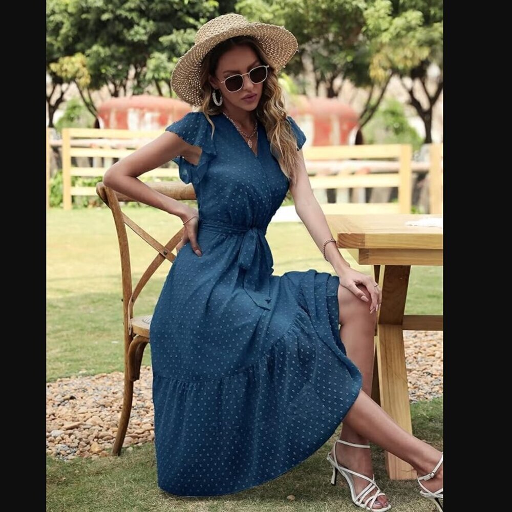 Genhoo Midi Dress M NWT Summer Wrap Neck Cap Sleeve Beach Tiered Skirt Hem Party